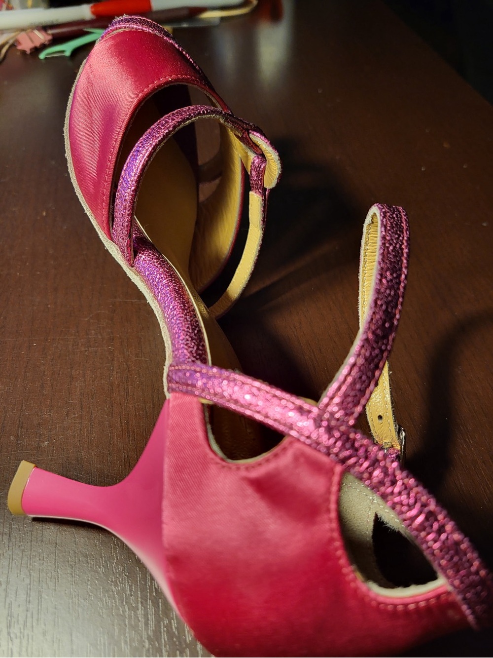 Fuchsia Satin Open-Toe Heels with Glitter Straps